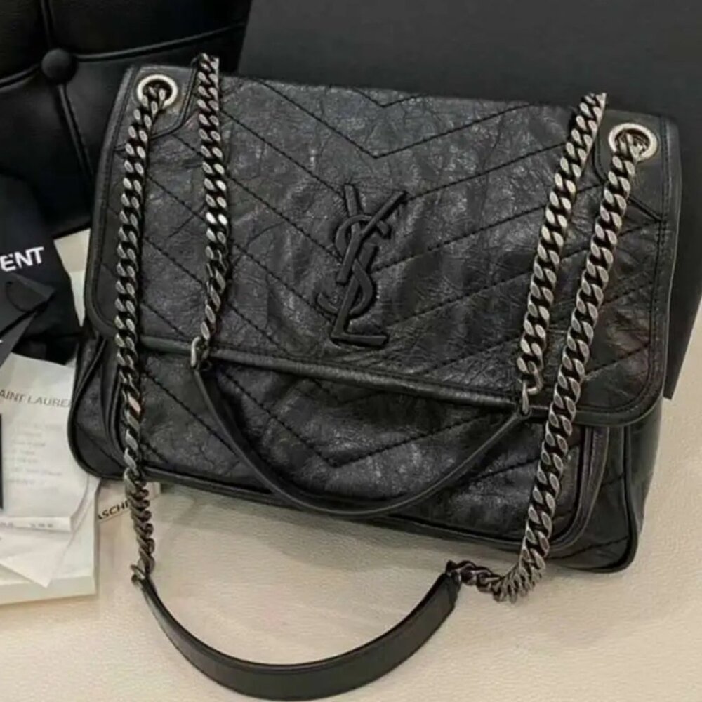 SAINT LAURENT YSL Niki Vintage Small Crossbody Bag - Black with Silver Chain and